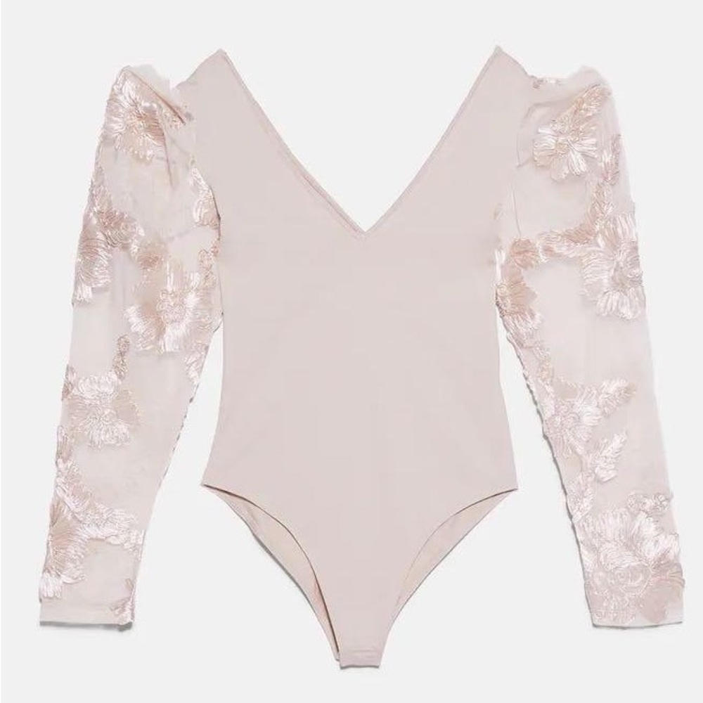 Zara Tulle Embroidered Sleeve Bodysuit 1014/402